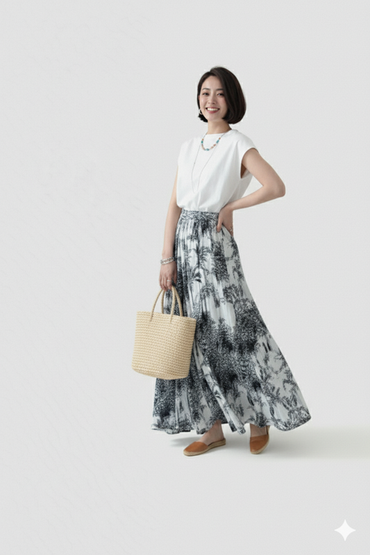 モノクロ柄のワイドパンツを履いた女性がにこやかに歩いている写真2