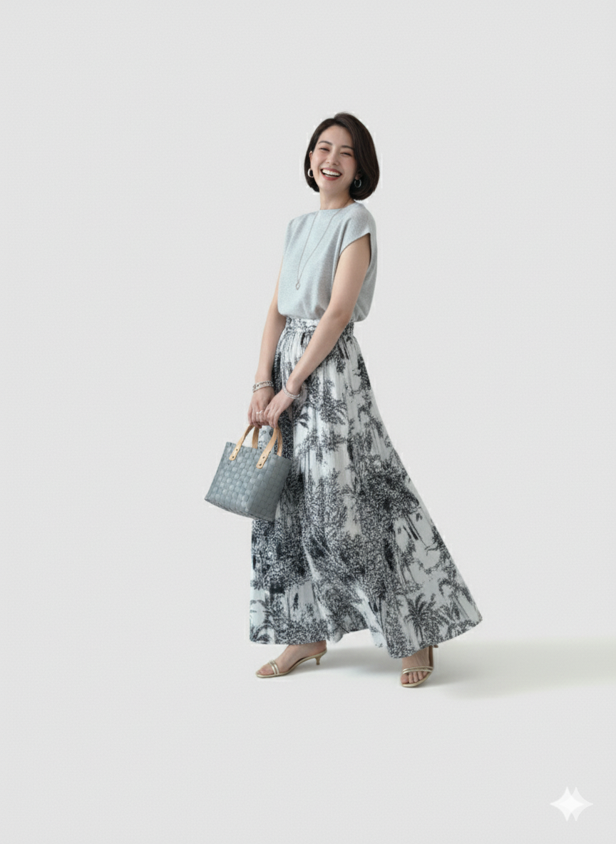 モノクロ柄のワイドパンツを履いた女性がにこやかに歩いている写真