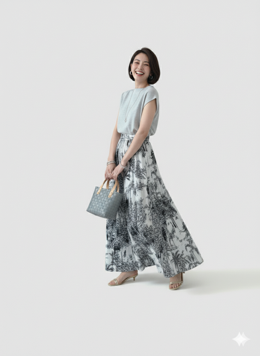 モノクロ柄のワイドパンツを履いた女性がにこやかに歩いている写真