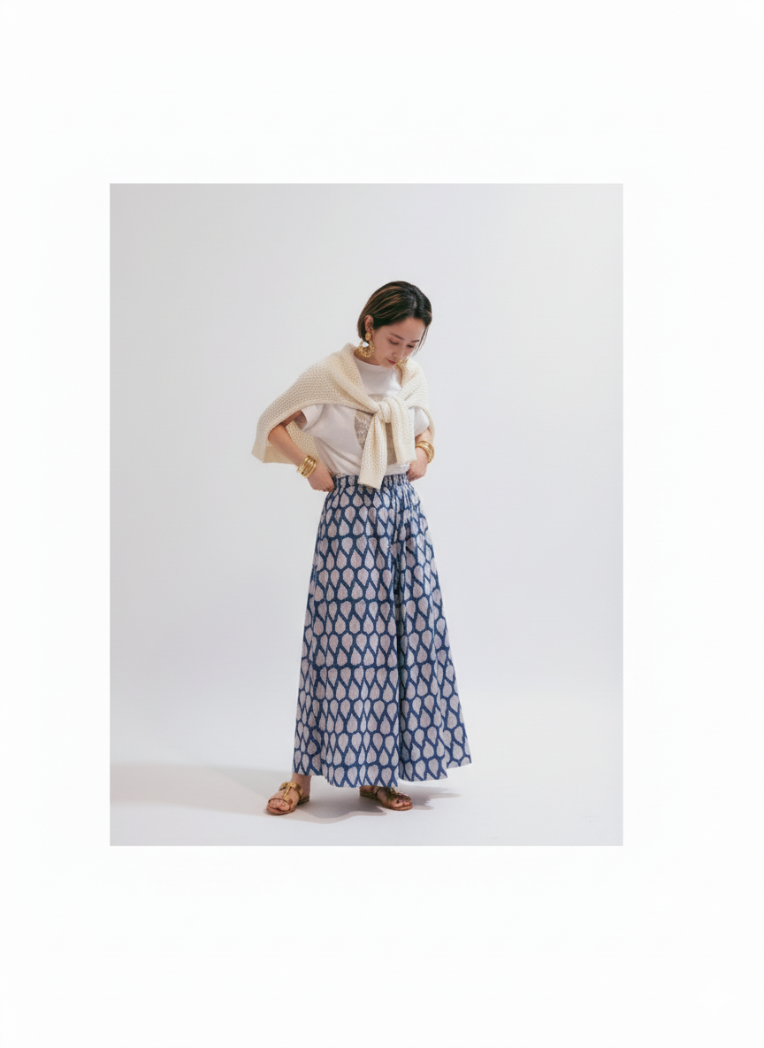 纏う空気感！リラックスワイドパンツ（スカート風）Airy Indian Cotton Flowy Wide-Leg Trousers