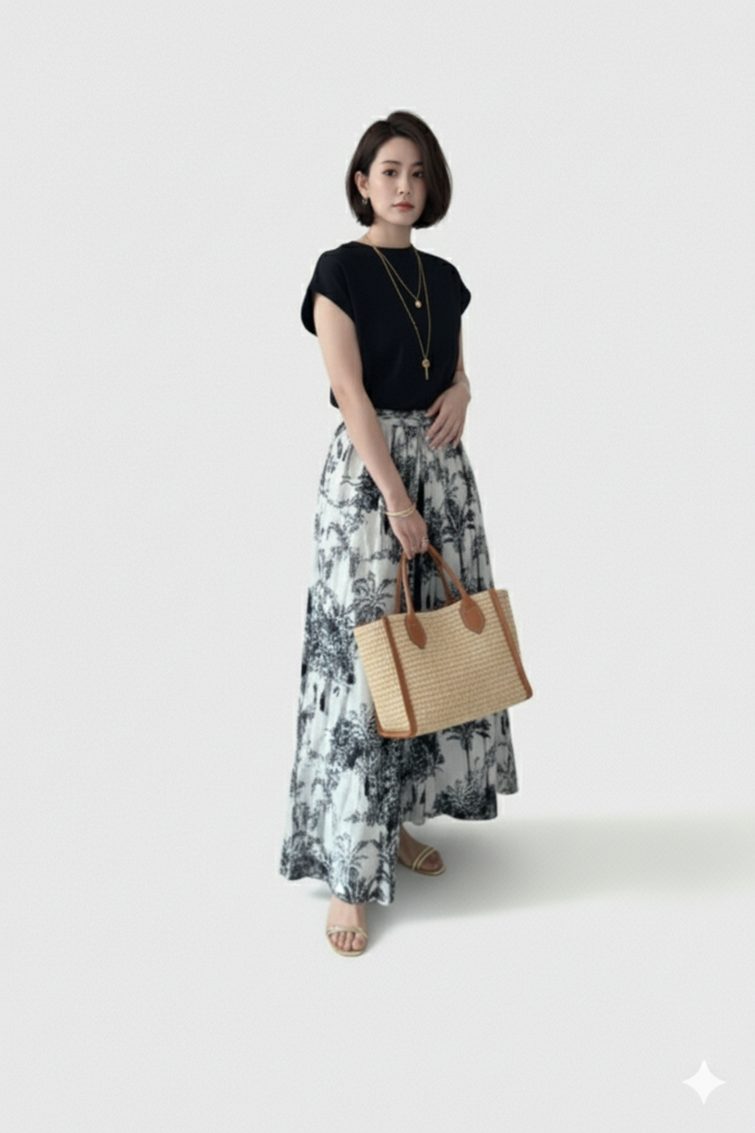 モノクロ柄のワイドパンツを履いた女性がにこやかに歩いている写真