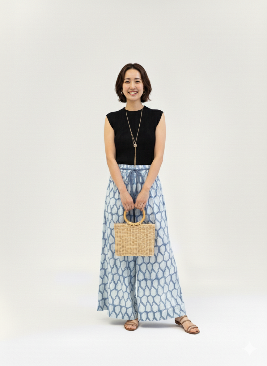 水色の葉っぱ柄のワイドパンツを履いた女性モデルがたっている写真